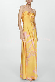 Catalina Island Satin Floral Print Twist Bust Halter Maxi Dress