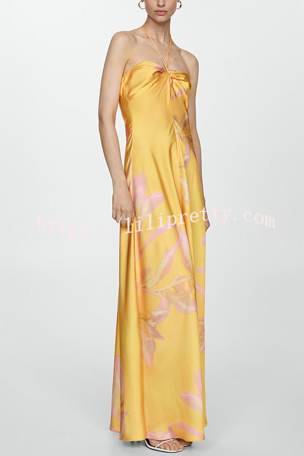 Catalina Island Satin Floral Print Twist Bust Halter Maxi Dress