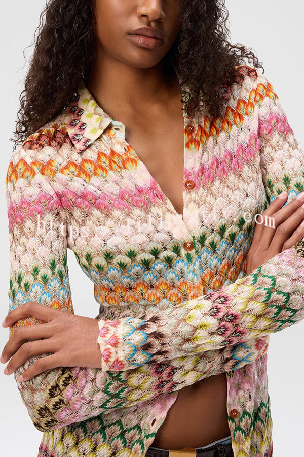 Anna Knit Colorful Herringbone Print Shirt Neck Button Long Sleeve Slim-fit Long Cardigan