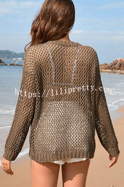 Solid Color Round Neck Long Sleeve Heart Knitted Beach Cover Up