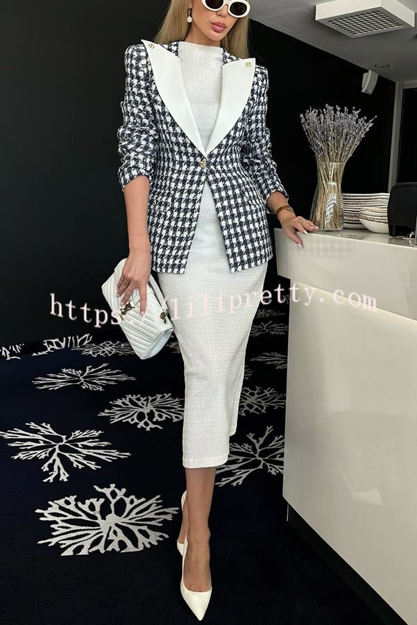 Sensibly Chic Houndstooth Tweed Fabric Long Sleeve Lapel Blazer