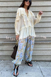 Autumn Boho Chiffon Lace Trim Ruffle Balloon Sleeve Blouse