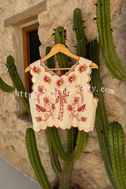 Sunny Day Linen Blend Contrast Embroidered Print Scallop Trim Lace-up Top