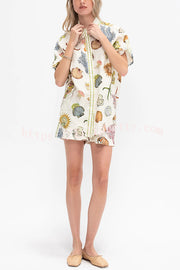Beach Shell Print Short Sleeve Loose Shirt and Elastic Waist Tie Casual Pocket Shorts Set