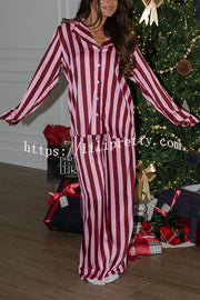 Courtney Satin Colorblock Striped Loose Shirt and Elastic Waist Pocketed Pajama Set