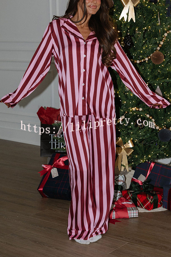 Courtney Satin Colorblock Striped Loose Shirt and Elastic Waist Pocketed Pajama Set