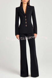 Women Power Metal Cross Snap Button Long Sleeve Lapel Blazer