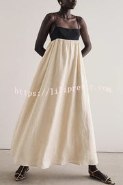 Linen Blend Sexy Sling Backless Contrast Maxi Dress