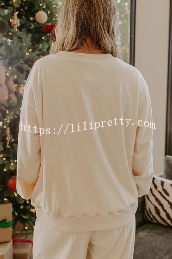 Candy Cane Cutie Loose Bow Tie Long-Sleeved Sweatshirt and Elastic Waist Pocket Pants Set