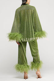 Glitter Fabric Feather Trim Long Sleeve Button Top and Elastic Waist Loose Straight Pants Set