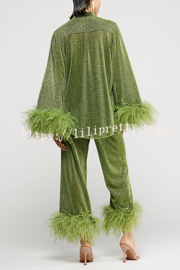 Glitter Fabric Feather Trim Long Sleeve Button Top and Elastic Waist Loose Straight Pants Set