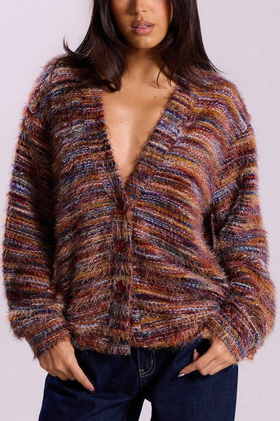 Fashionable Mixed Color Loose V-neck Casual Knit Cardigan