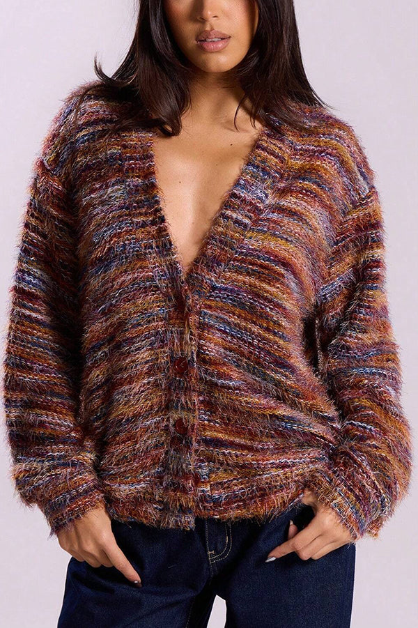 Fashionable Mixed Color Loose V-neck Casual Knit Cardigan