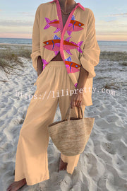 Pink Fish Print Oversized Shirt and Elastic Waist Pocket Pants Set