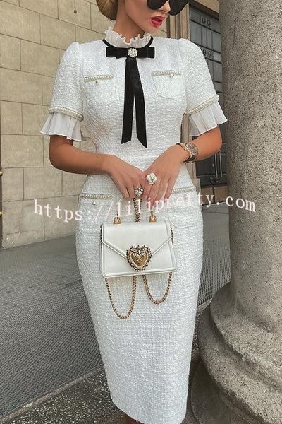 Lilipretty Elegant Plisse Tweed Pearl Trim Velvet Bow Design Formal Midi Dress