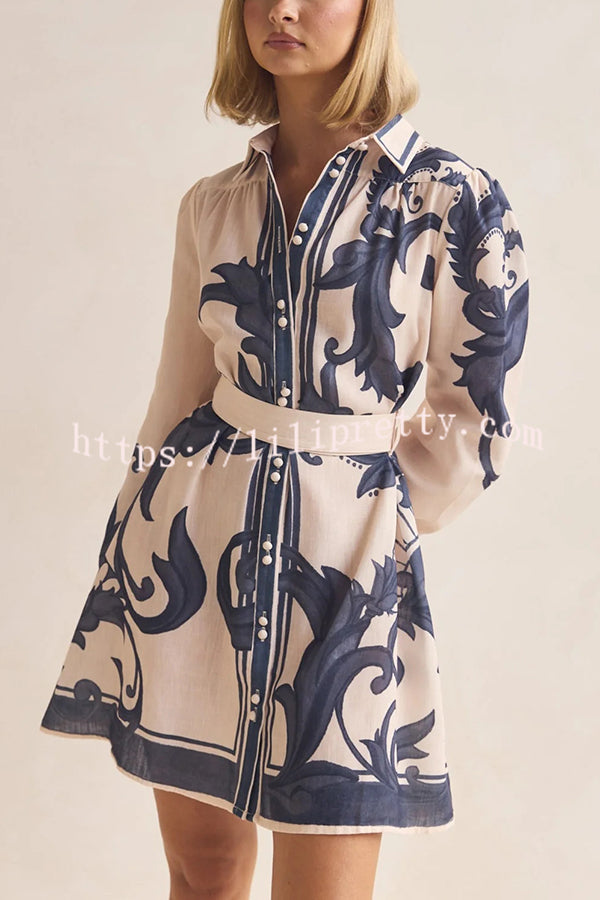 Botanical Print Lapel Puff Sleeve Vintage Belt Loose Mini Dress