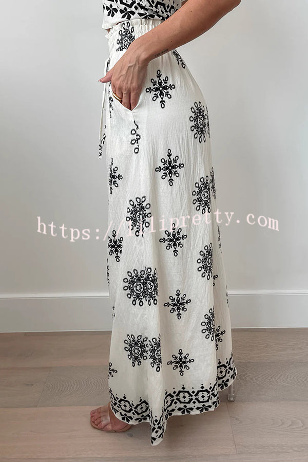 Unique Printed Round Neck Sleeveless Button Top and Elastic Waist Pocket Wide Leg Pants Set