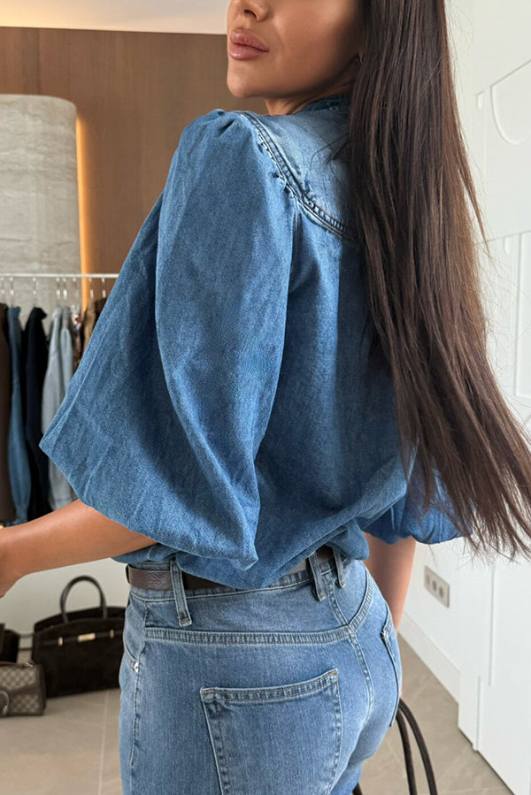 Fashion V-neck Button-down Lantern Sleeve Casual Denim Shirt
