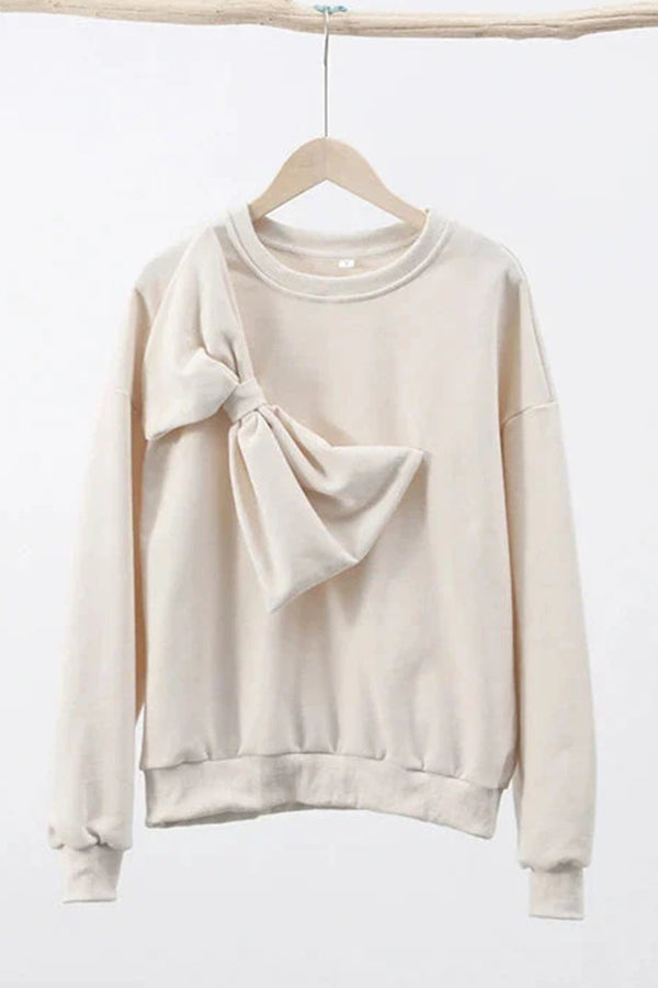 Solid Color Round Neck Long Sleeve Bow Loose Sweatshirts