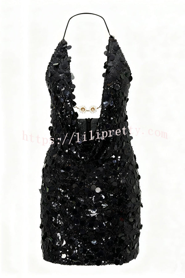 Sexy Halter Neck Sequined Open Back Mini Dress