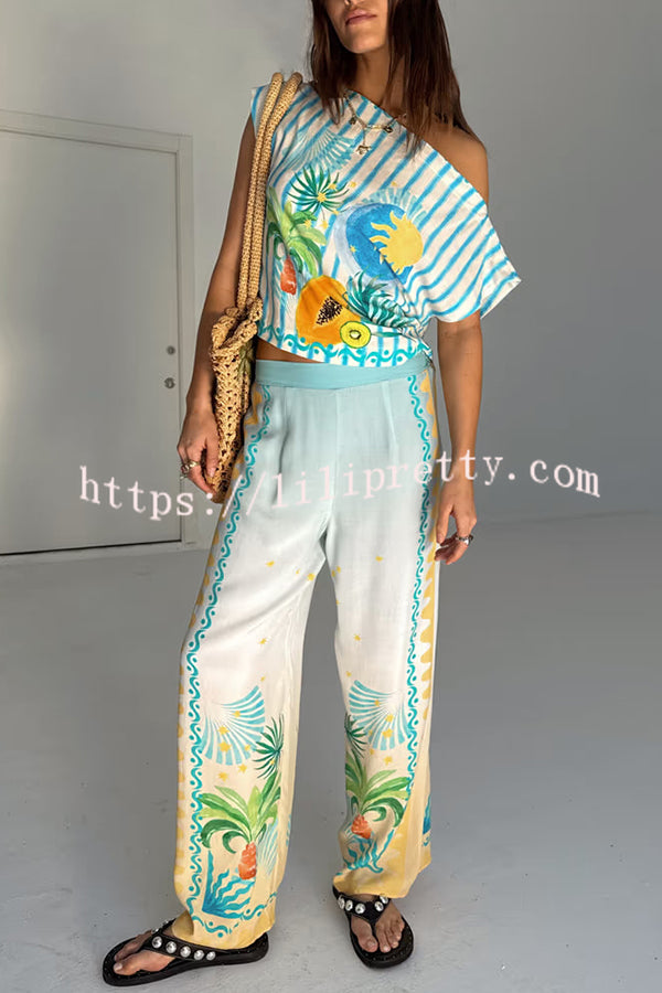 See You in Rio Tropical Fruits Print One Shoulder Wide Sleeve Loose Shirt