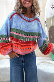 Rainbow Mood Multicolor Round Neck Hollow Long Sleeve Knitted Sweater