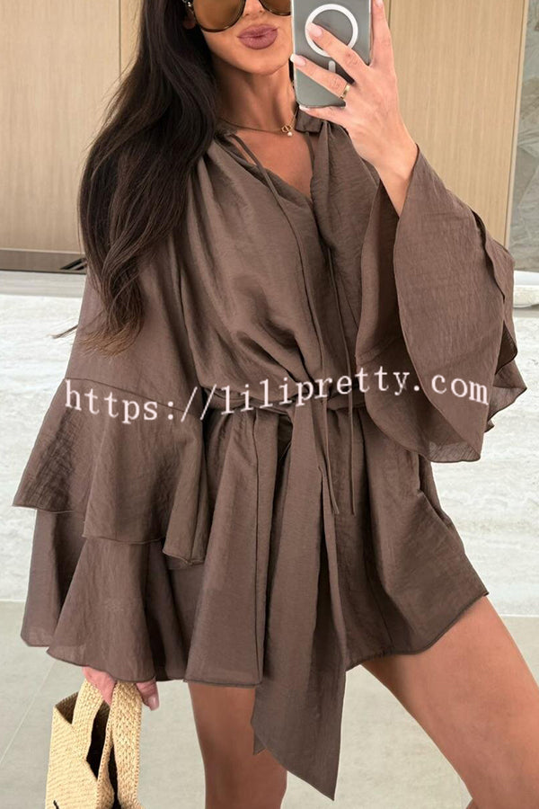 Solid Color V-neck Ruffled Long Sleeve Waist Tie Mini Dress