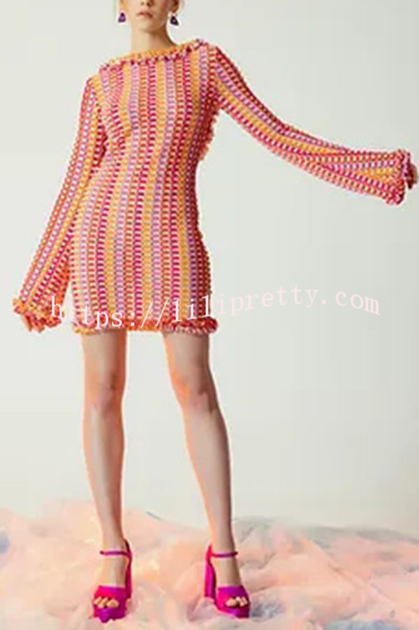 Lilipretty® Ruffled Backless Long-sleeved Wavy Striped Beach Resort Mini Dress
