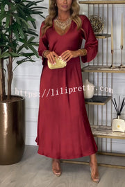 Solid Color V-neck Long-sleeved Loose Draped Maxi Dress