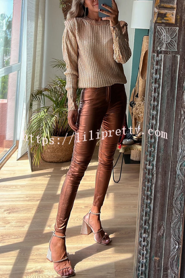 Lilipretty Sweet and Glitzy Metallic Color Pocket Faux Leather Stretch Pants