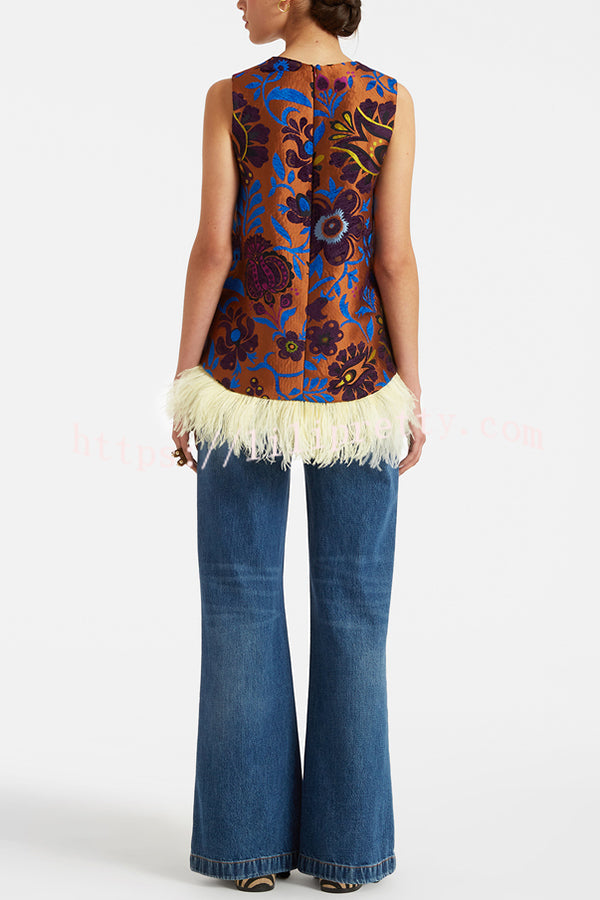 Emina Floral Feather Trim Trapezoidal Silhouette Asymmetrical Hem Top
