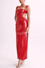 Eye Catching Sequin Cutout Waist Wide Strap Bacakless Maxi Dress
