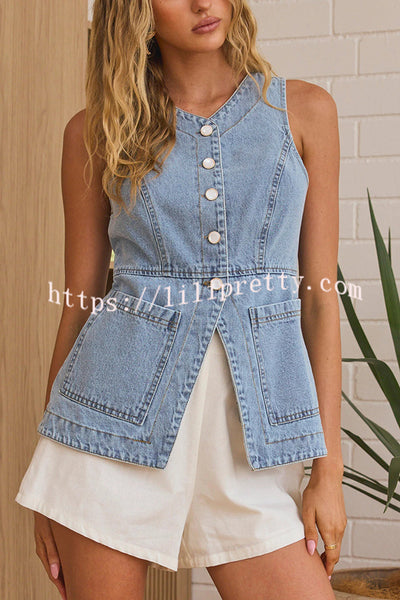 Fashionable Casual Slim Fit Button Pocket Denim Vest