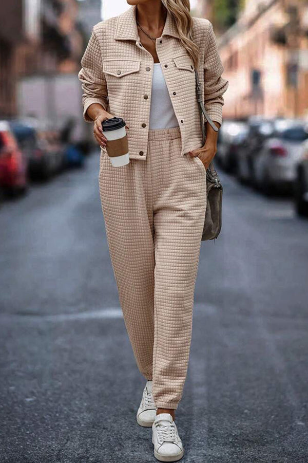 Solid Color Lapel Long Sleeve Jacket and Elastic Waist Casual Pocket Pants Set