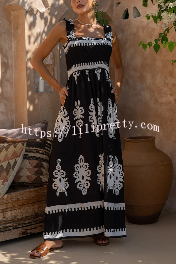 National Boho Style Unique Print Smocked Bust Wide Strap Pocket Maxi Dress