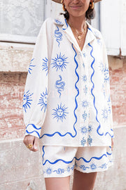 Lilipretty® Symbol of Sicily Linen Blend Unique Print Balloon Sleeve Button Loose Shirt
