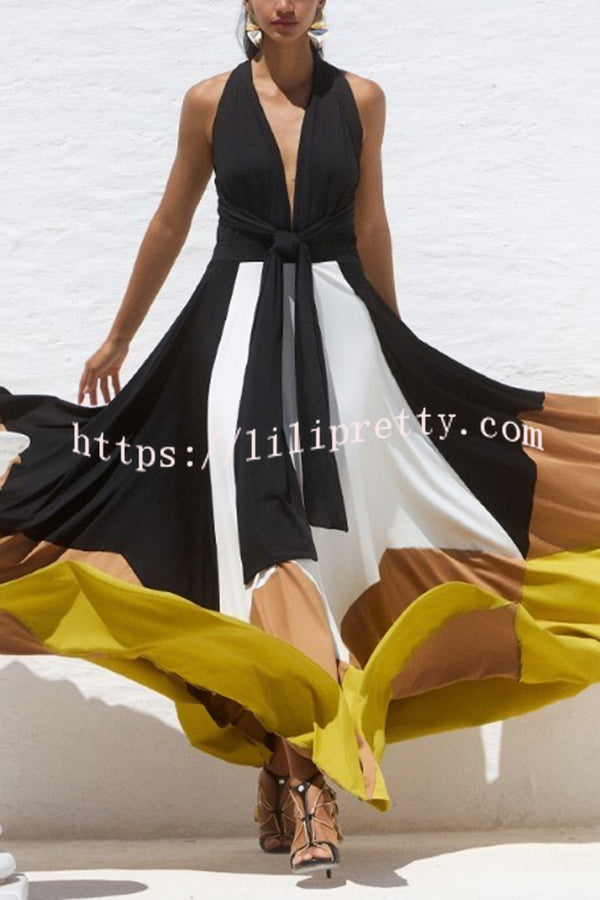 Fashion Colorblock Sexy Backless Tie Waist Full Hem Maxi Dress