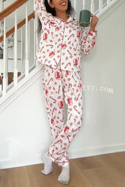 Christmas Candy and Drink Printed Long-sleeved Shirt and Elastic Waist Pocket Pants Set