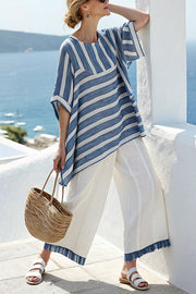 Striped Print Crew Neck Loose Top and Elastic Waist Casual Wide Leg Pants