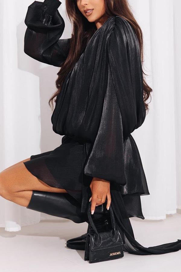 Solid Color Long-sleeved Belted Asymmetrical Mini Dress and Elastic Waist Casual Shorts Set