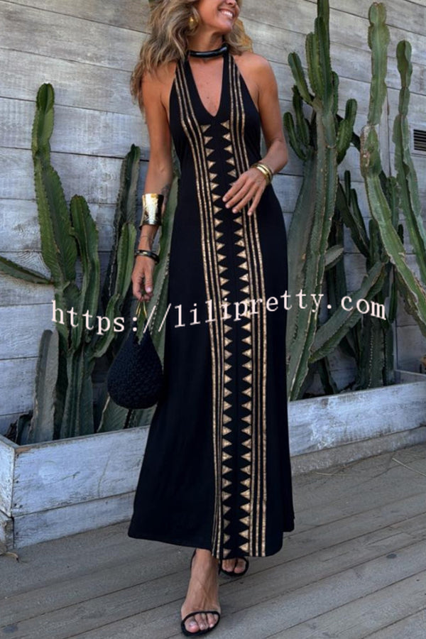 Meret Gold Geometric Print Halter Backless Stretch Maxi Dress