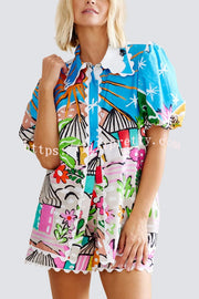 Unique Printed Wave Lace Puff Sleeve Loose Shirt and Elastic Waist Pocket Shorts Set