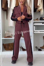 Fashion Lace Panel Long-sleeved Crop Top and Elastic Waist Tie Pocket Casual Pants Set