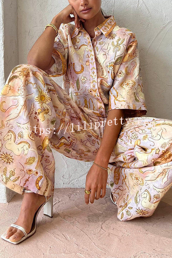 Lilipretty Knightly Linen Blend Mythological Pattern Elastic Waist Pocketed Wide Leg Pants