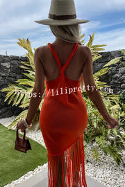 Lilipretty® Summer Mood Knit Fringed Hem Back Cross Beach Vacation Maxi Dress