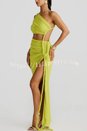 Juliana Rope Detail Ruched One Shoulder Cutout Stretch Maxi Dress