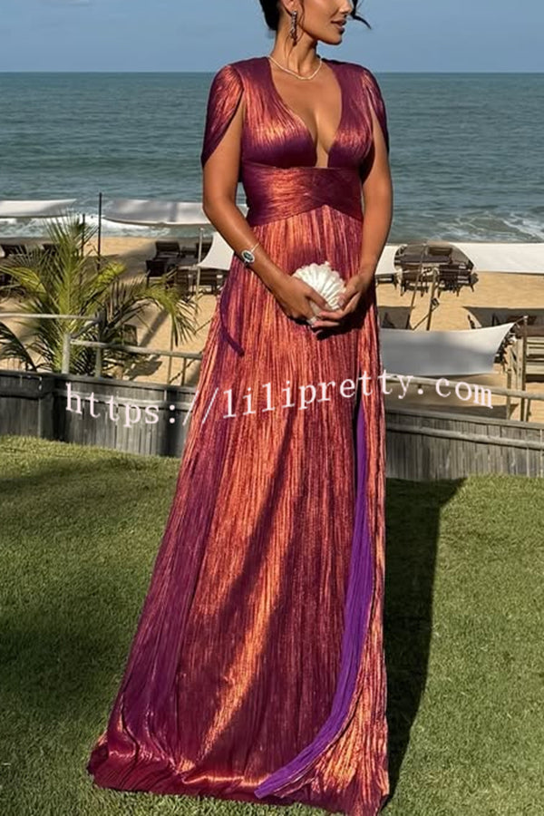 Dreamy Destiny Metallic Fabric Cape Sleeve Back Tie-up Maxi Dress