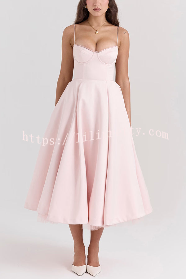 Fairytale Vibe Satin Patchwork Tulle Sweetheart Neck Pocket Stretch Midi Dress