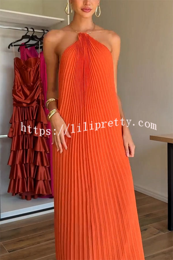 Coralie Pleated Metal Ring Halter Backless Loose Maxi Dress