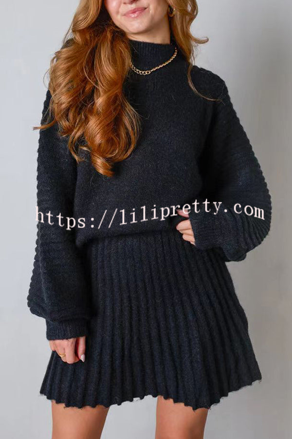 Solid Color Round Neck Puff Sleeve Loose Knit Sweater and Casual Striped Mini Skirt Set